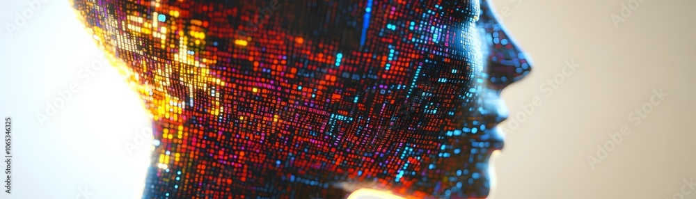 Poster a digital representation of a human head composed of binary code