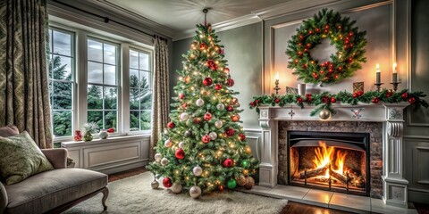 Cozy Christmas Scene with a Beautifully Decorated Tree by a Warm Fireplace for Holiday Cheer and Family Gatherings