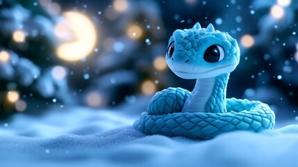 A cute blue serpent character resting on snowy ground under twinkling lights at night during winter