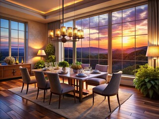 Fototapeta premium Cozy Dining Room with a Stunning View at Dusk - Elegant Decor, Soft Lighting, Scenic Landscape, Intimate Ambiance, Modern Furniture, Gourmet Meal Setting, Romantic Atmosphere