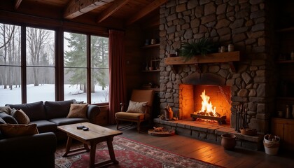 Cozy living room with stone fireplace and warm light in winter cabin setting
