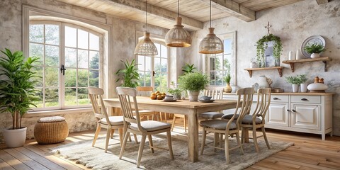 Obraz premium Cozy Farmhouse Dining Room in Boho Style with Bleached Wooden Table and Beige Accents, Perfect for Urban Exploration Photography