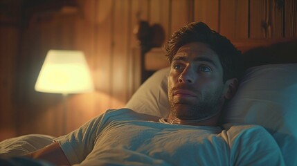 Fototapeta premium Man lying in bed with wide-open eyes, showing deep concern and fatigue, unable to sleep in dimly lit room with soft glow from nightstand lamp.