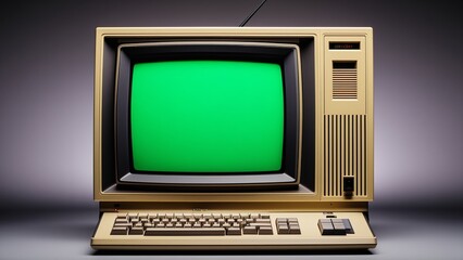 Retro computer with green screen display and beige keyboard