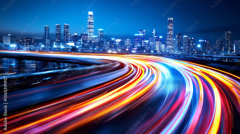 Poster vibrant city skyline at night with colorful light trails creating dynamic motion