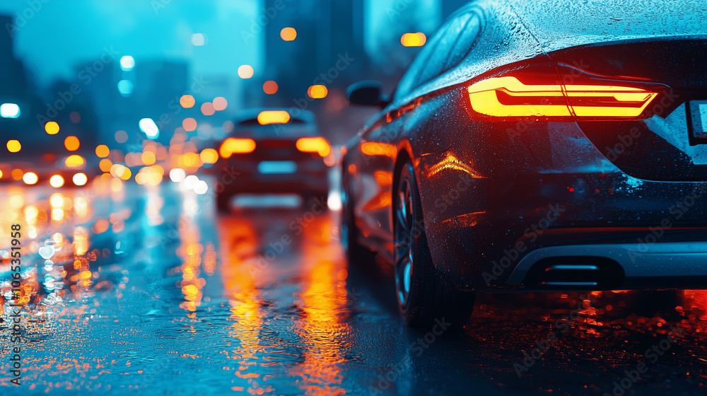 Poster neon lit city street at night with vibrant glow sticks reflecting off wet pavement, creating dynamic