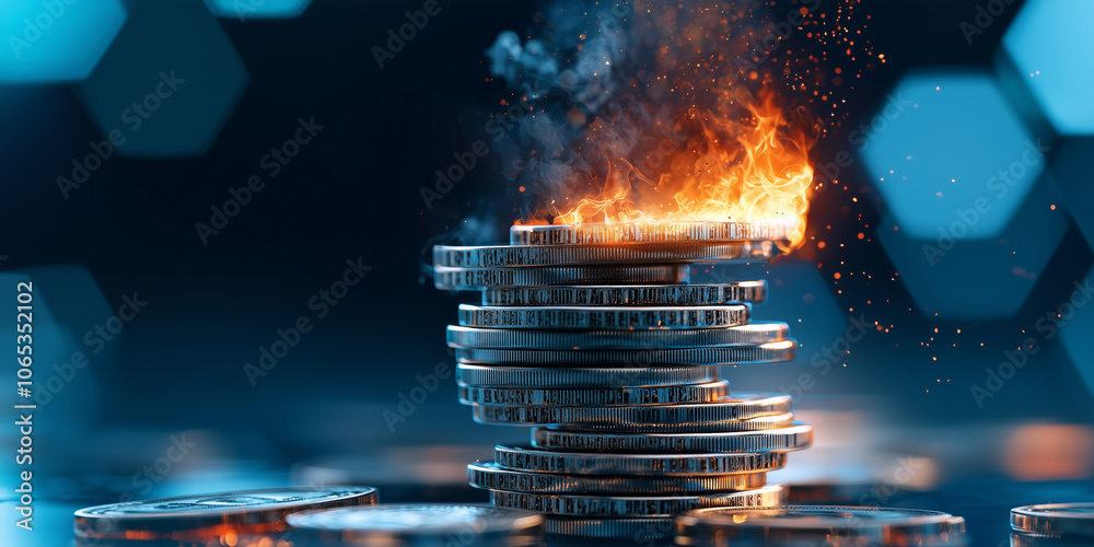Poster stack of coins is engulfed in flames, symbolizing financial instability and economic crisis. fiery s