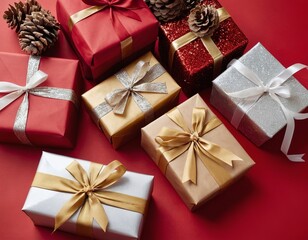 A vibrant arrangement of festive gift boxes in red, gold, and silver with pinecones on a red...