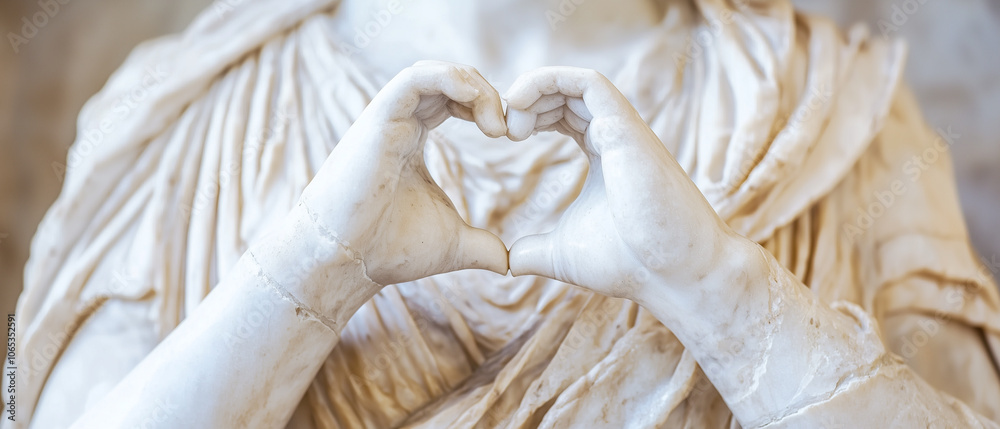 Poster marble statue of figure forming heart shape with hands, showcasing intricate drapery and classical s