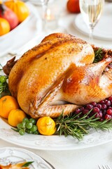 Roasted turkey on platter with fresh oranges and assorted fruits.