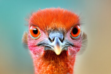 Close-up of bird with vibrant orange head and detailed feathers.