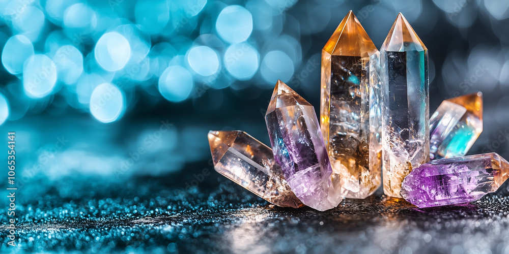 Poster cluster of glowing crystals with shimmering walls creates mysterious and enchanting atmosphere, refl