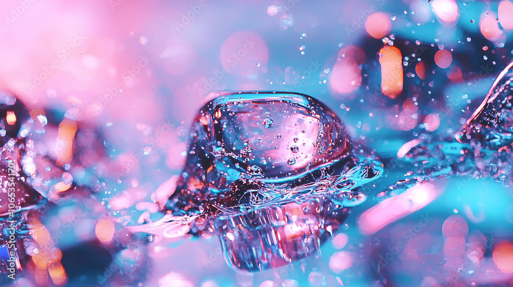 Aufkleber vibrant close up of ice cubes splashing in colorful water, creating dynamic and refreshing scene with pink and blue hues. shimmering droplets add sense of motion and energy