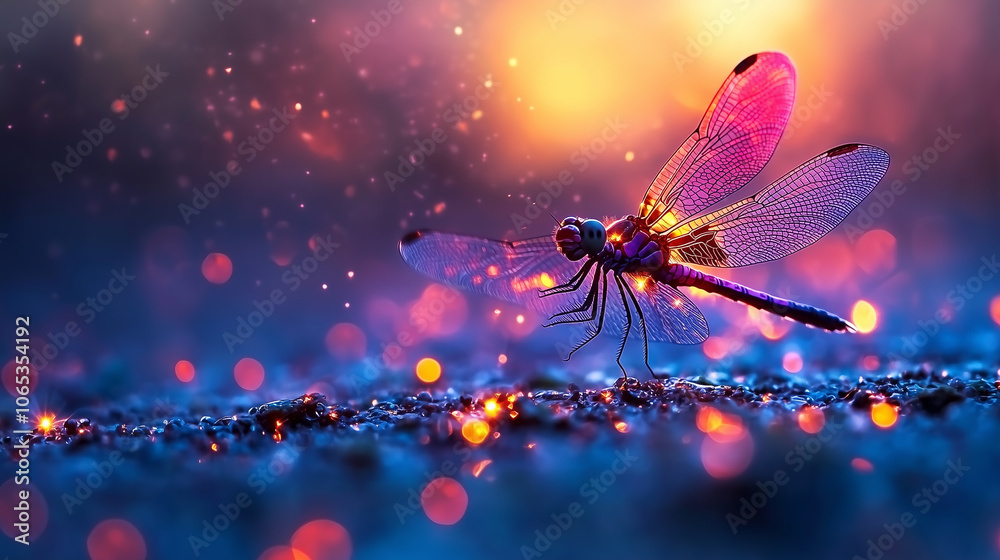 Poster glowing dragonfly with iridescent wings hovers over still pond, surrounded by vibrant bokeh lights, 
