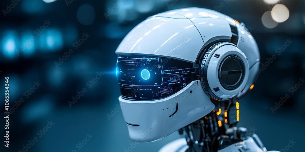 Aufkleber futuristic robot with glowing interface stands in dark alley, showcasing advanced technology and sle