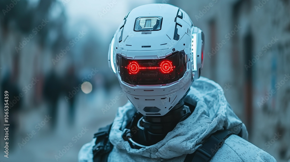 Poster futuristic robot with glowing red eyes stands in blurred urban setting, creating mysterious atmosphere