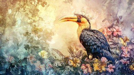 Obraz premium Hornbill Bird in a Floral Paradise.