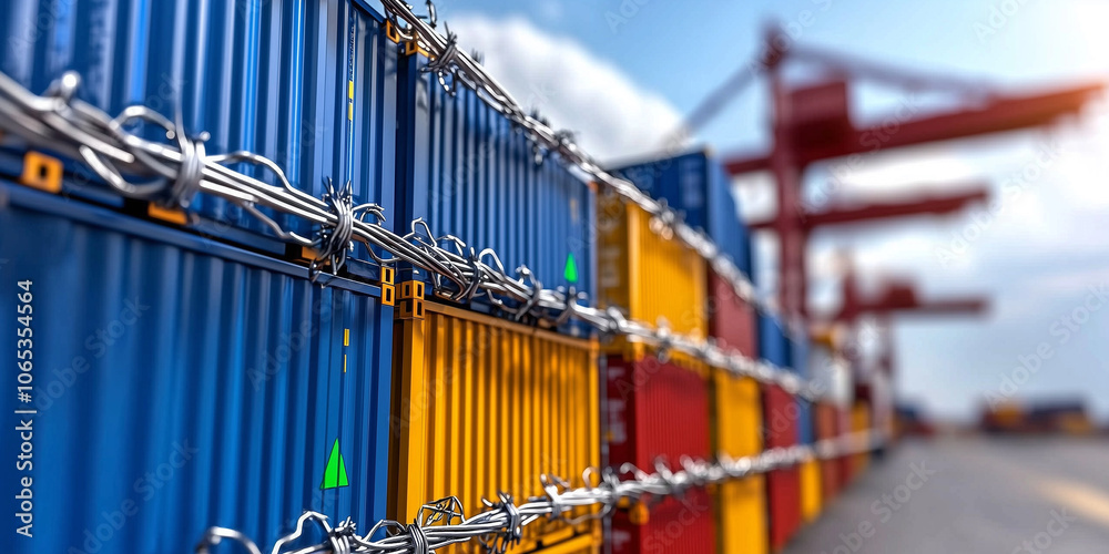 Poster colorful cargo containers stacked at shipping port with cranes in background, under clear sky. scene