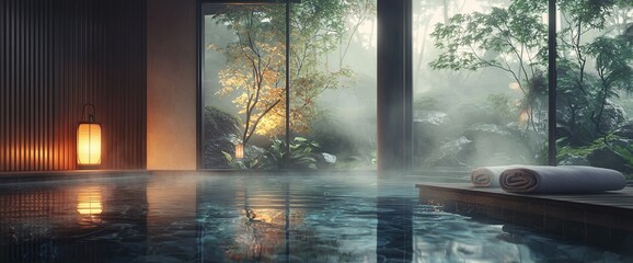 Obraz premium A serene spa interior featuring a tranquil pool, natural lighting, and lush greenery, creating a perfect environment for relaxation.