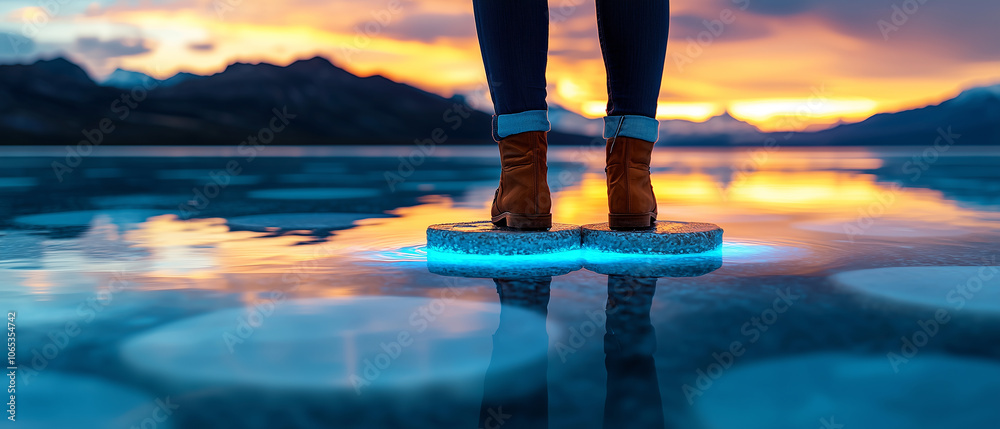 Aufkleber person stands on glowing ice at sunset, creating vibrant reflection on frozen lake. scene is serene 