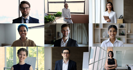 Collage of diverse people smile look at camera. Multiple happy young and aged businesspeople pose...