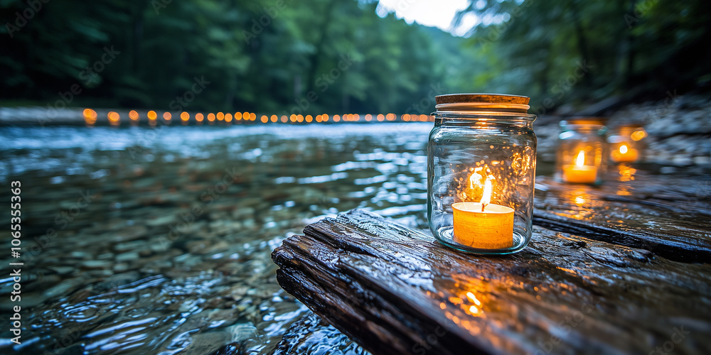 Poster floating lanterns glow over serene river, creating peaceful and enchanting atmosphere. warm candleli