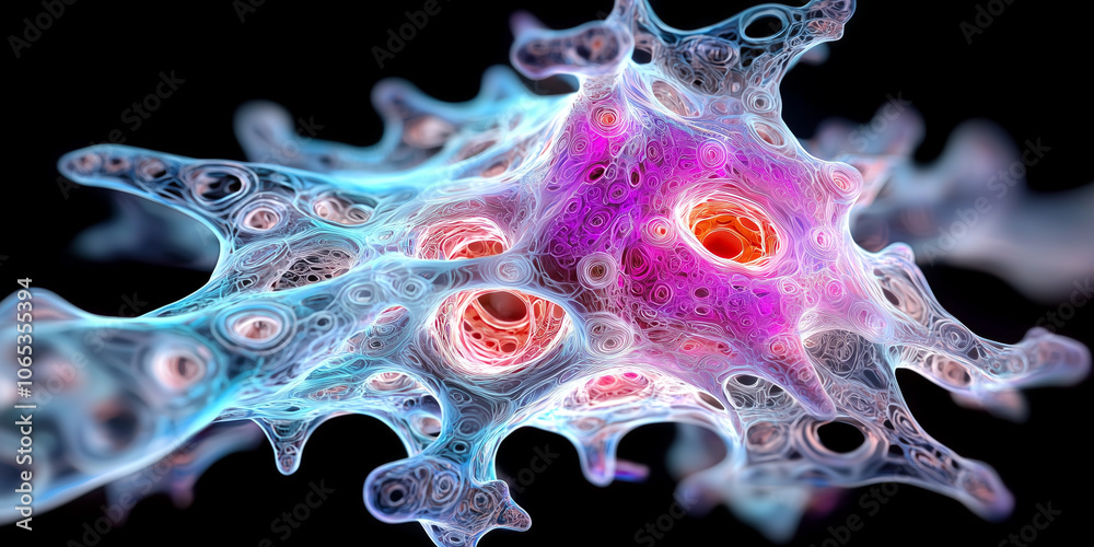 Aufkleber vibrant, glowing abstract fractal pattern with intricate, mesmerizing details and vivid colors, resembling complex organic structure against dark background