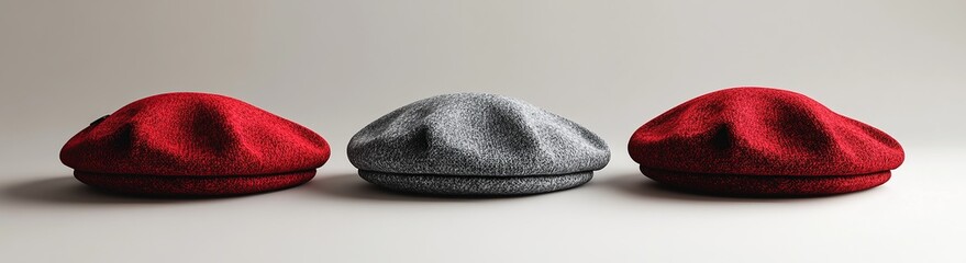 3 red and grey French berets, front view, white background