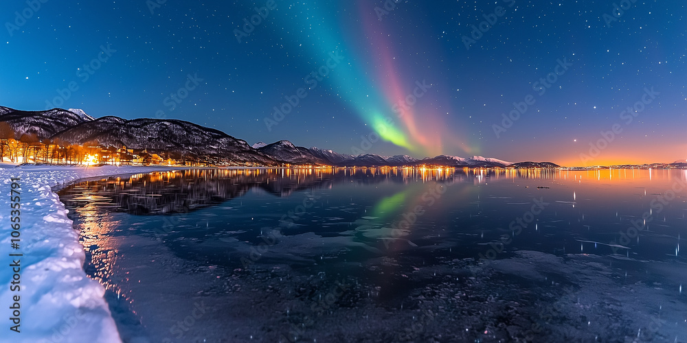 Aufkleber mesmerizing display of glowing aurora lights over serene mountain range reflects beautifully on calm