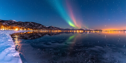 mesmerizing display of glowing aurora lights over serene mountain range reflects beautifully on calm lake, creating breathtaking winter night scene