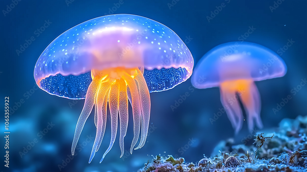 Poster Glowing bioluminescent jellyfish float gracefully in deep ocean, illuminating dark waters with their ethereal light. Their translucent bodies and vibrant colors create mesmerizing underwater scene