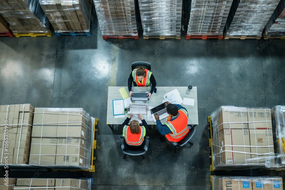 Aufkleber three workers in safety vests collaborate at a desk in the center of a busy warehouse. pallets of bo