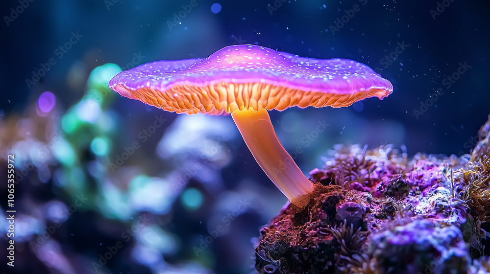Poster glowing bioluminescent sea creature illuminates deep ocean, casting vibrant colors and creating mesm