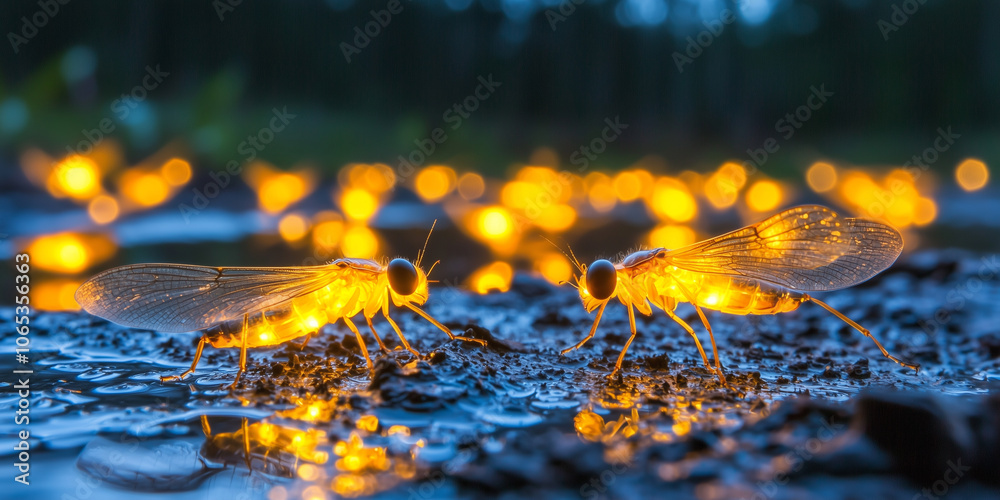 Aufkleber Two glowing fireflies dance around peaceful pond at twilight, creating magical atmosphere with their luminescent light. serene setting is enhanced by soft reflections on water
