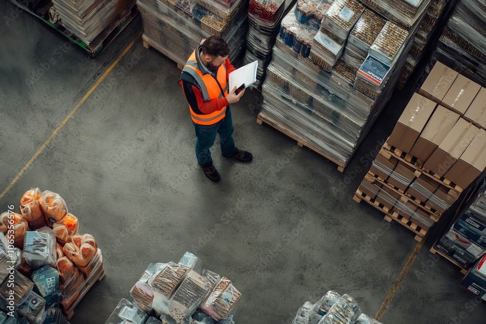 Poster in a large storage facility, a warehouse employee in a highvisibility vest is doing inventory using 