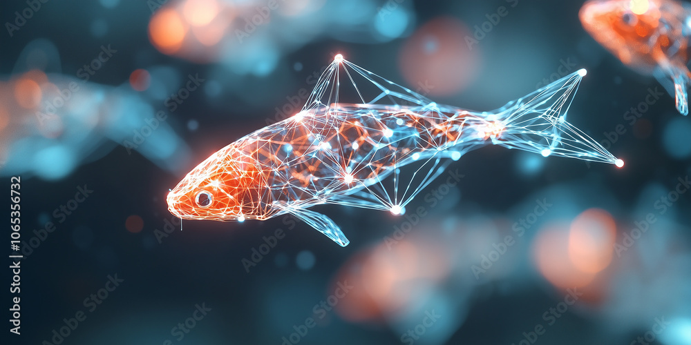 Poster glowing koi fish swims in dark pond, its body illuminated by network of vibrant lights, creating eth