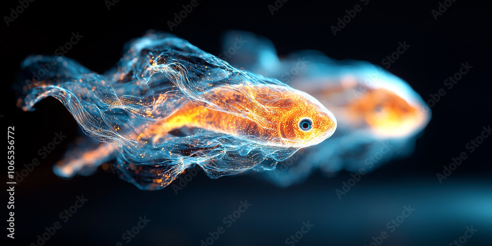 Poster glowing koi fish swim gracefully in dark pond, creating ethereal and mesmerizing scene with their vi