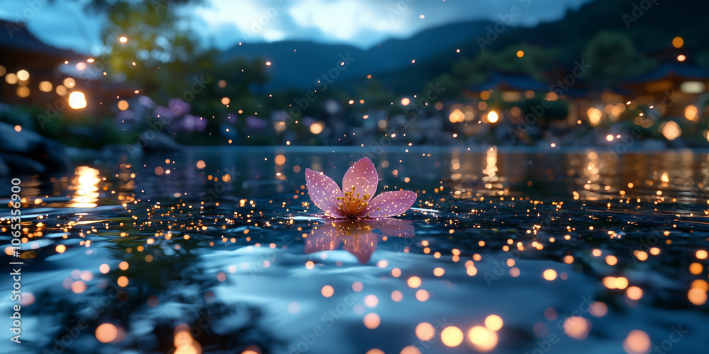 Poster serene lotus flower floats on tranquil pond, surrounded by glowing lights, creating magical atmosphe