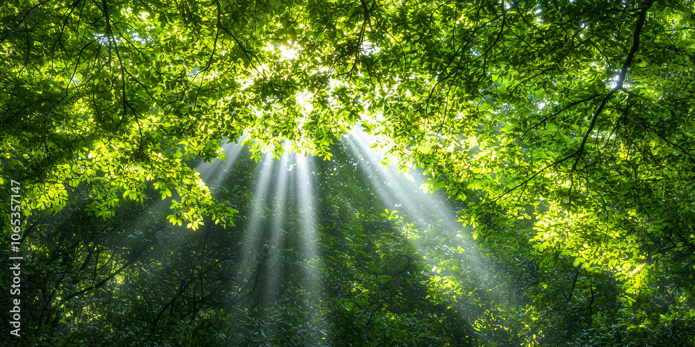 Poster sunlight beams break through dense green foliage in serene forest setting