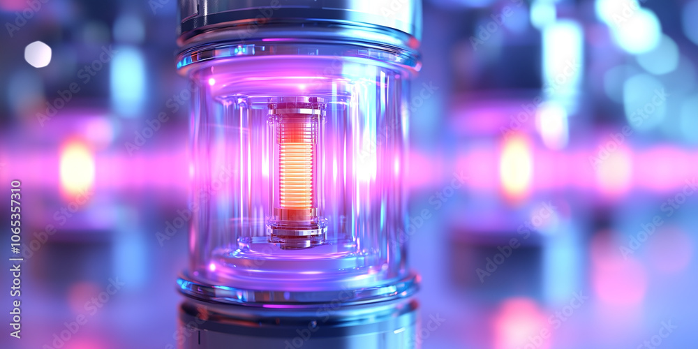 Poster futuristic glowing energy core with vibrant colors and reflections, creating mesmerizing and high te