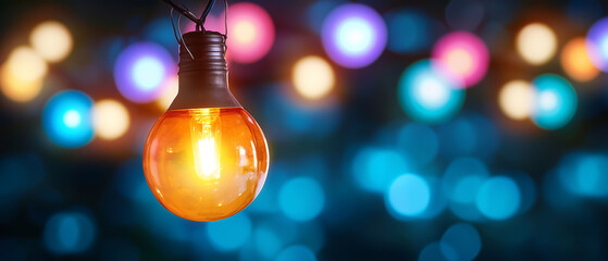 glowing light bulb against backdrop of colorful bokeh lights creates vibrant and festive atmosphere. warm glow contrasts with cool blue and purple hues in background