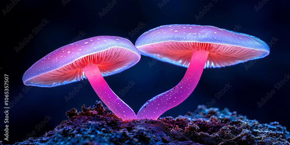 Poster glowing mushrooms in dark enchanted forest emit magical bioluminescent light, creating mystical atmo