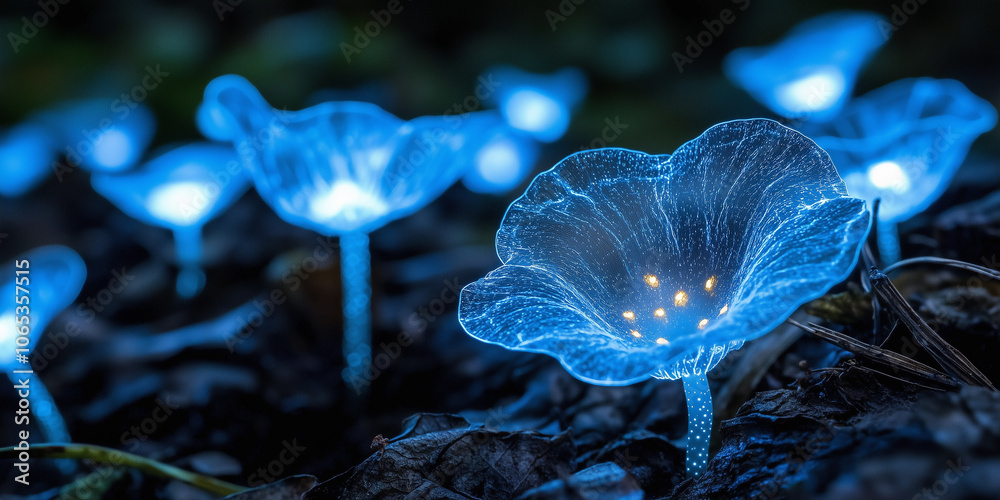 Poster glowing mushrooms illuminate dark, enchanted forest with their bioluminescent light, creating magica