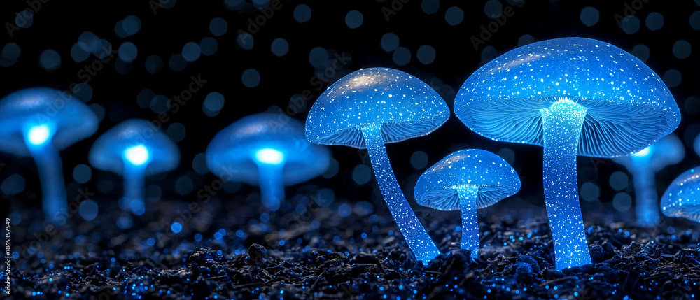 Poster glowing blue mushrooms illuminate dark, enchanted forest with their bioluminescent light, creating m