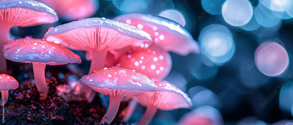 Poster Glowing mushrooms in dark enchanted forest create magical atmosphere with their bioluminescent light, surrounded by dreamy bokeh effect