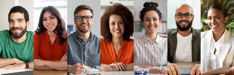 A diverse team of professionals is sitting together in a well-lit office, sharing smiles and...