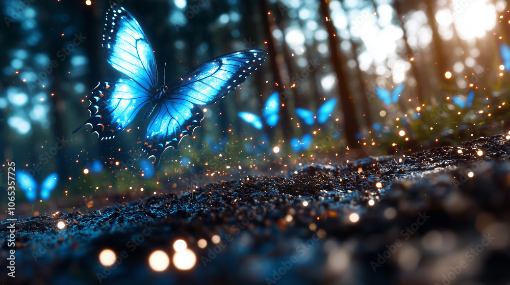 Poster glowing neon butterflies fluttering in dark garden, creating magical and enchanting atmosphere with 