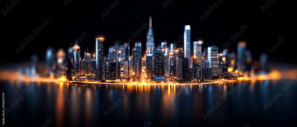 Poster vibrant cityscape with glowing neon lines outlines skyline, reflecting on calm surface, creating futuristic and dynamic atmosphere