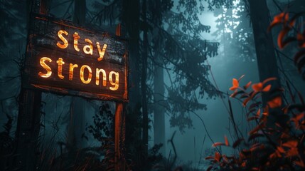 A sign in the woods that says "Stay Strong.". The sign is lit up in the dark, giving it a mysterious and ominous feel. Concept of danger and the need to be prepared for whatever may come