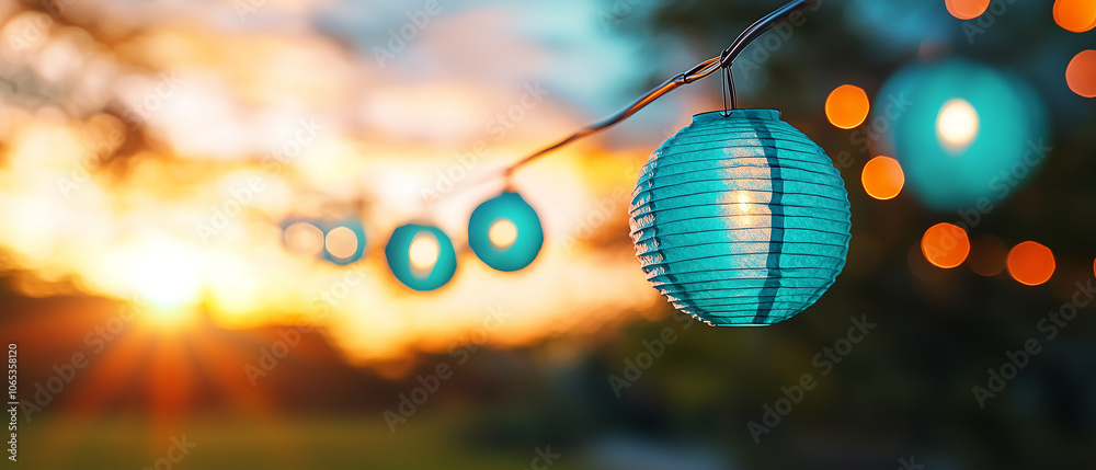Poster glowing paper lanterns hang in tranquil night garden, creating serene and enchanting atmosphere as s
